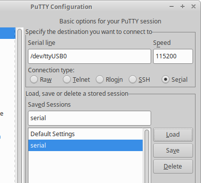 PuTTY configuration dialog